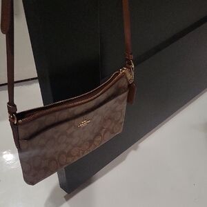 Coach Brown Logo Crossbody Wristlet with Gold Hardware